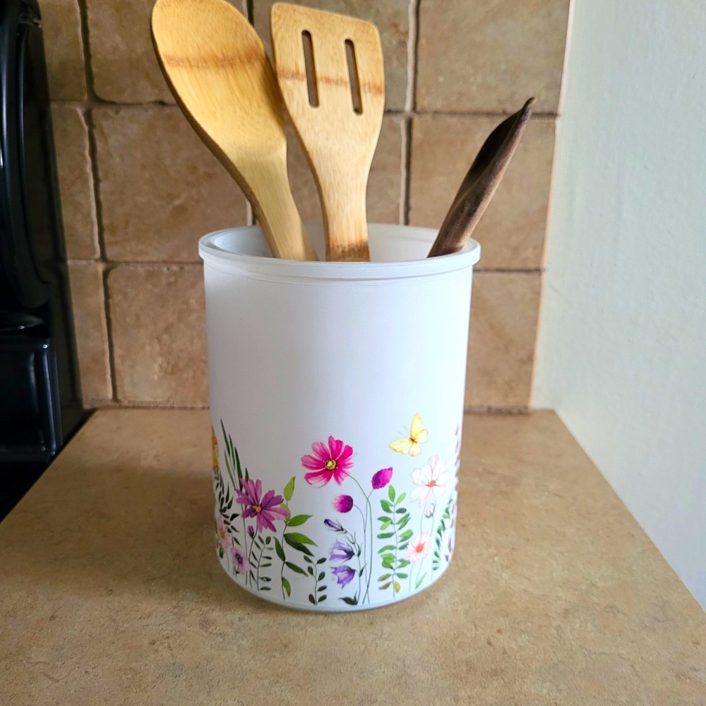 Floral Utensil Holder Crock, White Frosted Glass Kitchen Countertop Organizer